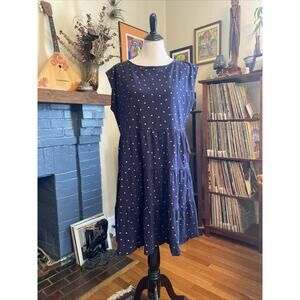 Boden 14 L Polka Dot Tiered Dress Navy Blue Midi Cotton Jersey Knit XL Tall